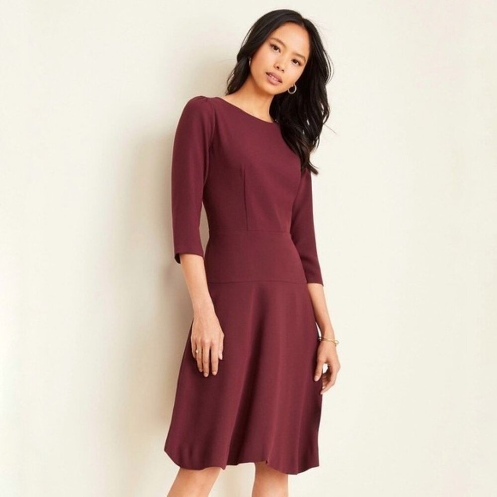 Ann Taylor Dress 16 Tall Burgundy Seamed A-Line 16T 3/4 Sleeve Cocktail Holiday